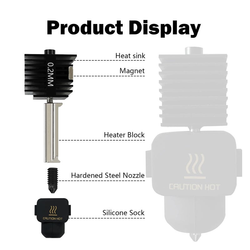 HzdaDeve طقم 4 عبوات 0.2MM 0.4MM 0.6MM رأس طباعة A1 Mini/A1 Hotend ترقية طقم رأس الطباعة من الفولاذ المقاوم للصدأ عالي الحرارة مع غطاء سيليكون بديل لملحقات طابعة Bambu Lab 3D - Image 5